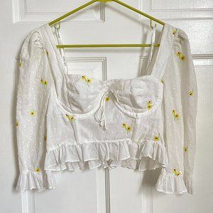 For Love & Lemons Abby Blouse White Daisy Yellow Flowers Sleeves Crop Top Cups M